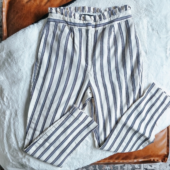 Express Pants - Express Cream & Navy Pinstripe High-rise Slim Pants (Size 00P)